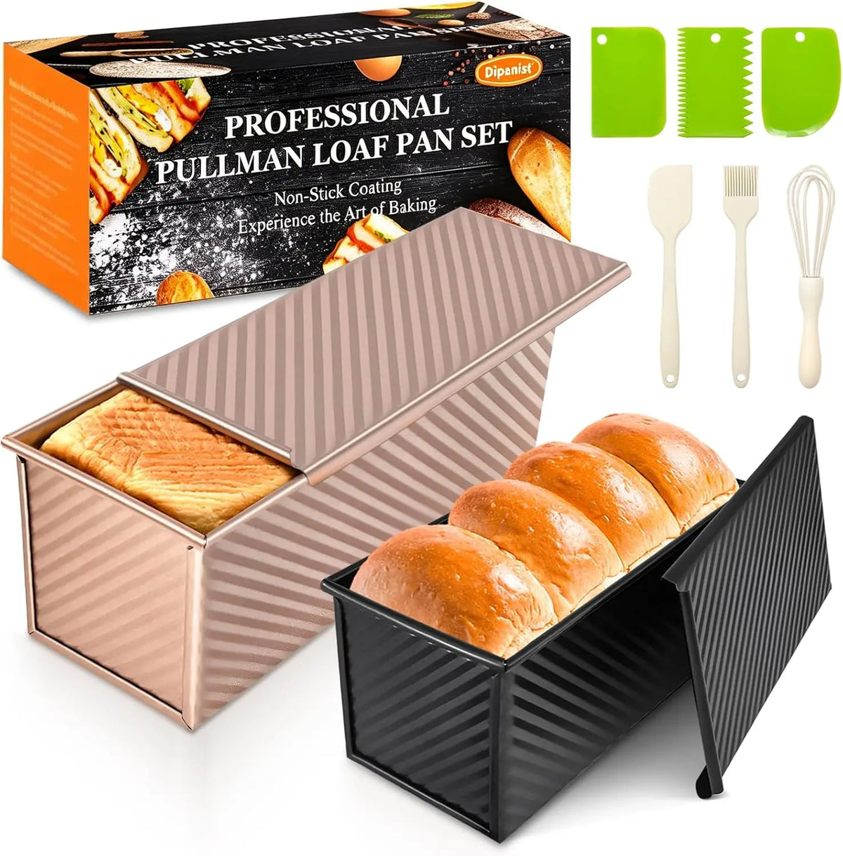 `Professional Pullman Loaf Pan Set, Carbon Steel Non-Stick Bread Mold with Sliding Lid and Baking Tools for Homemade Toast`