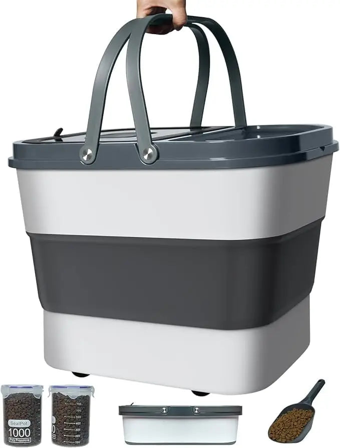 Collapsible Pet Food Storage Container With Wheels And Scoop Airtight