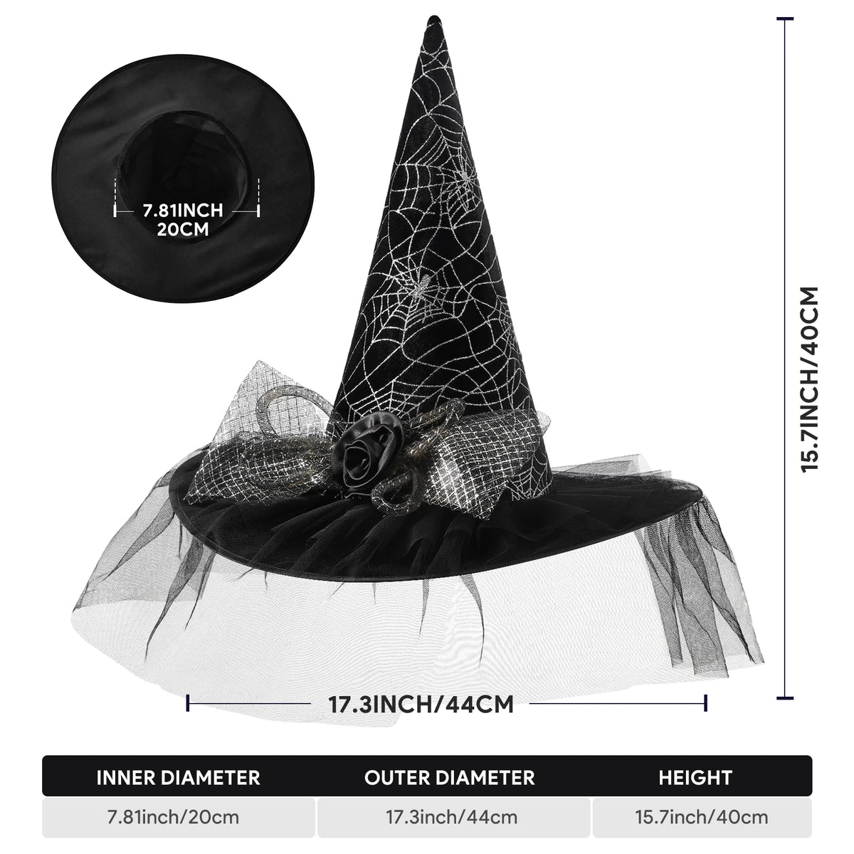 Women's Halloween Witch Hat with Lace, Feather and LED Decor