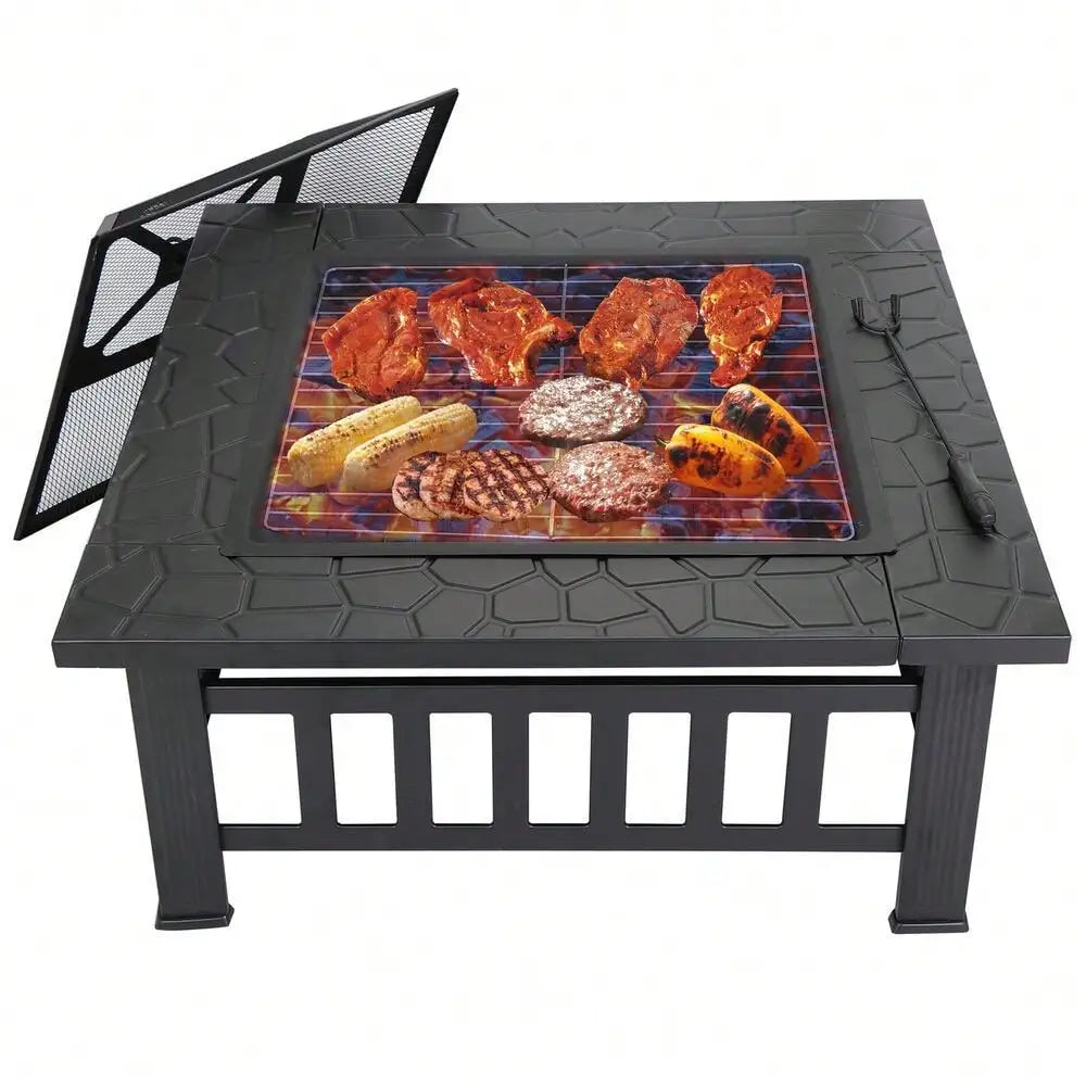 Metal Square Fire Pit For Backyard Patio Garden With Cover