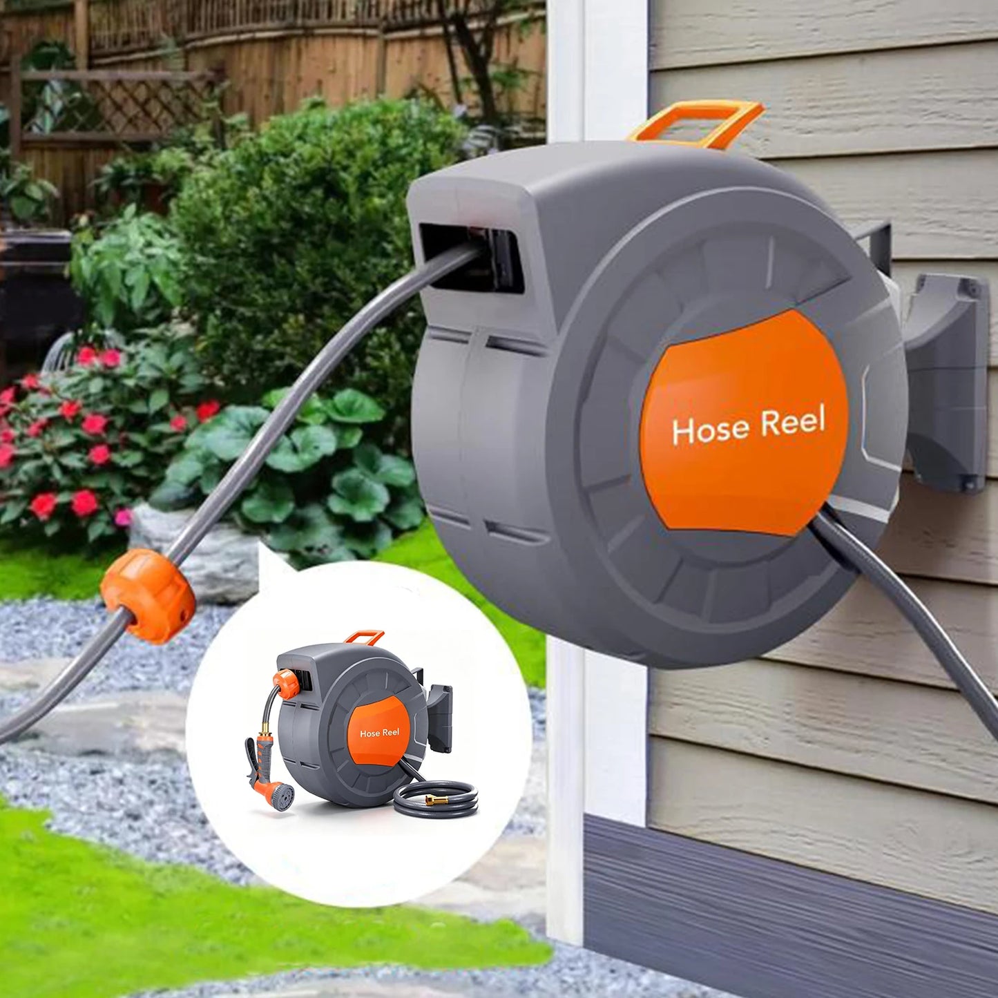Water Hose Reel with Automatic Rewind, Retractable Garden Hose with Any Length Lock,1/2 in x 65 ft Retractable Garden Hose Reel with 9 Function Sprayer