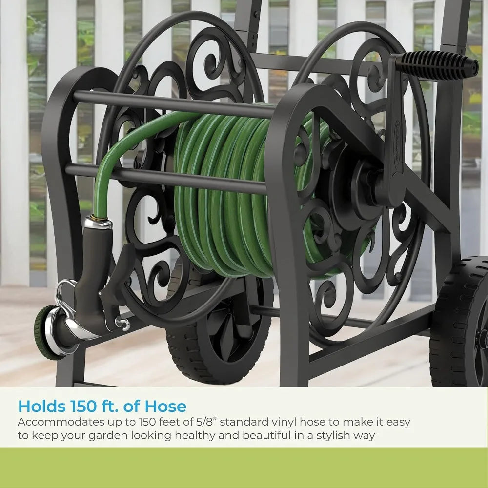 Stylish Garden Hose Reel Cart for 150ft Vinyl Hose, Flat-Free Wheels, Foot Caps, Easy Crank, Durable Steel