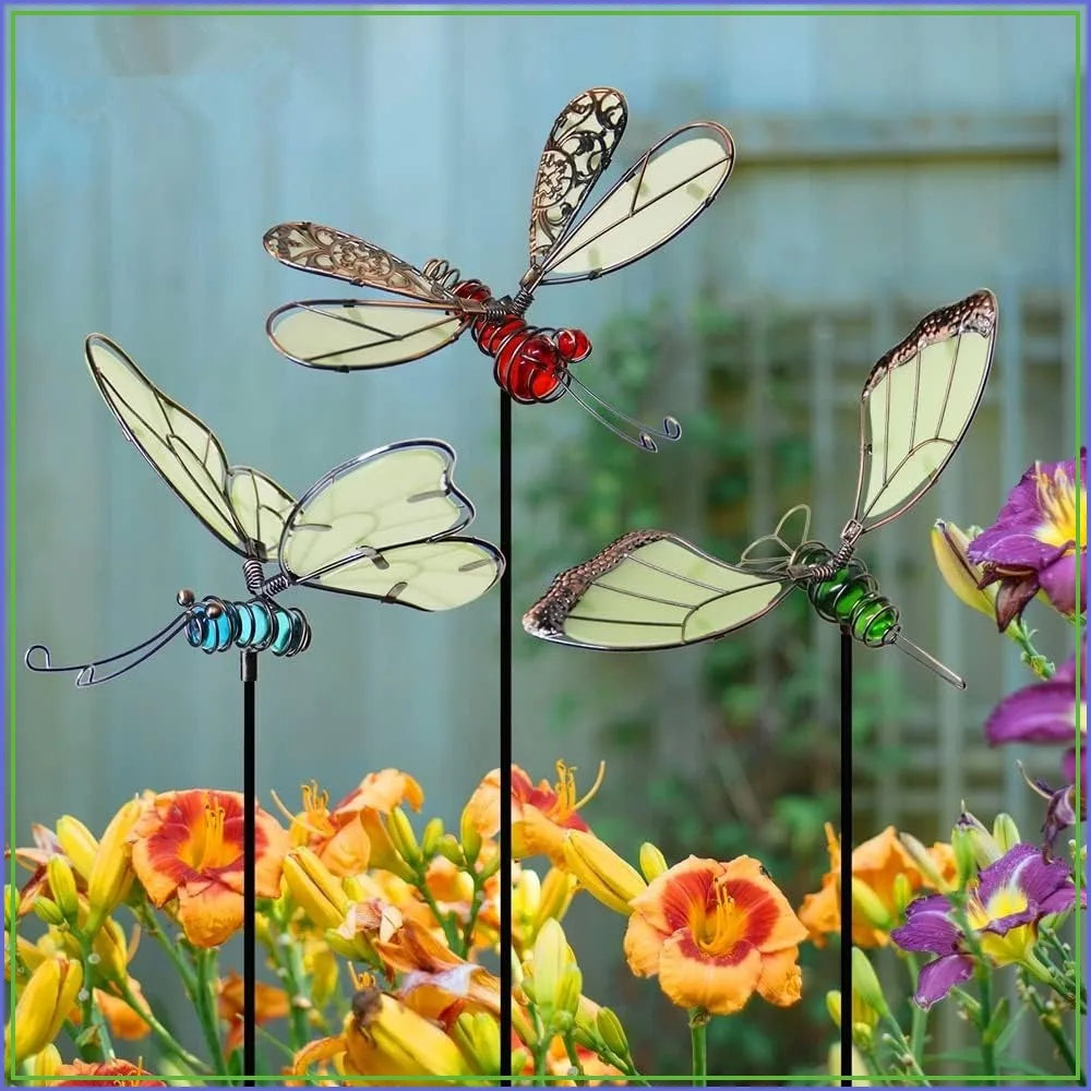 Glow In The Dark Butterfly Dragonfly Hummingbird Garden Stakes Set