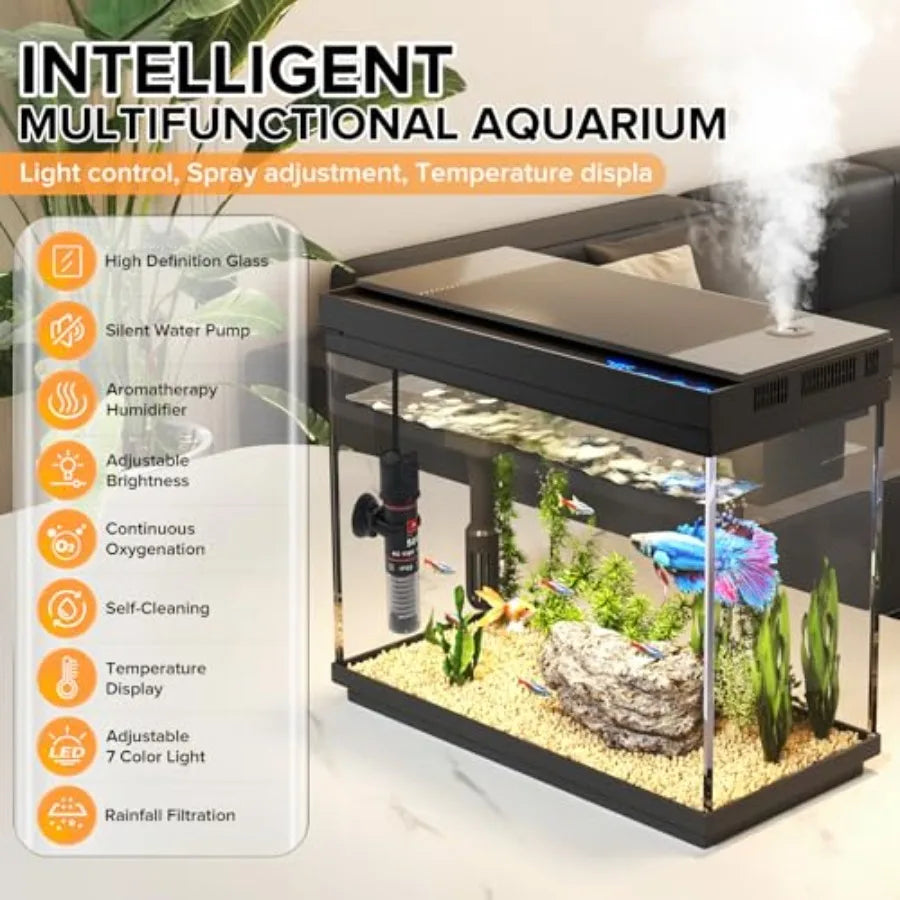 Fish Tank, 2.4 Gallon Fish Aquarium, Fish Tank Starter kit with Smart Humidifier, Temperature Display, 7-Color Lighting, 3 in 1