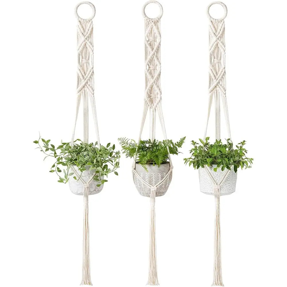 3 Pack 39 Inch Plant Hangers Indoor Wall Hanging Planter Basket Lower Pot Holder Boho Home Decor, Ivory