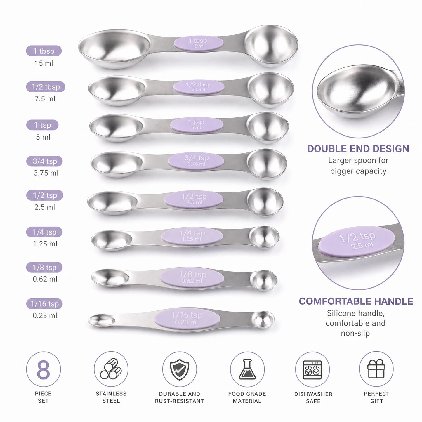 16 PCS Stainless Steel Measuring Cups and Spoons Set, Purple Silicone Handles with Leveler for Baking Cooking