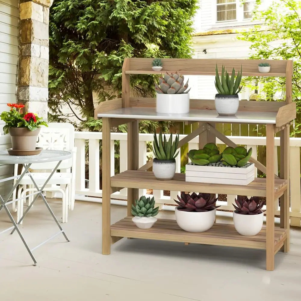 Garden Potting Bench, Gardening Work Station Table with 2 Storage Shelves, ir Wood Structure & Metal Tabletop, Garden Table Pott