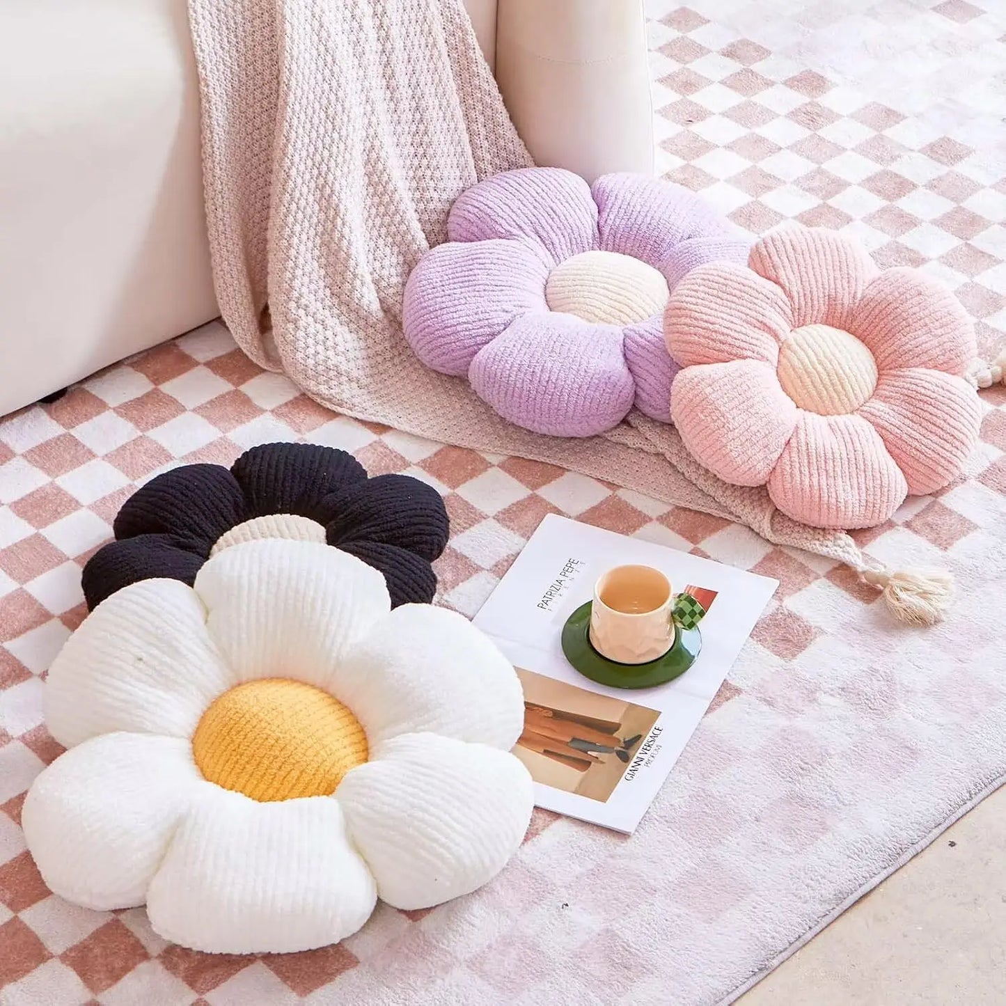 Flower Pillow, White Decorative Throw Pillow for Bed Couch, 14.9" Daisy Floral Shaped Plush Floor Seat Cushion