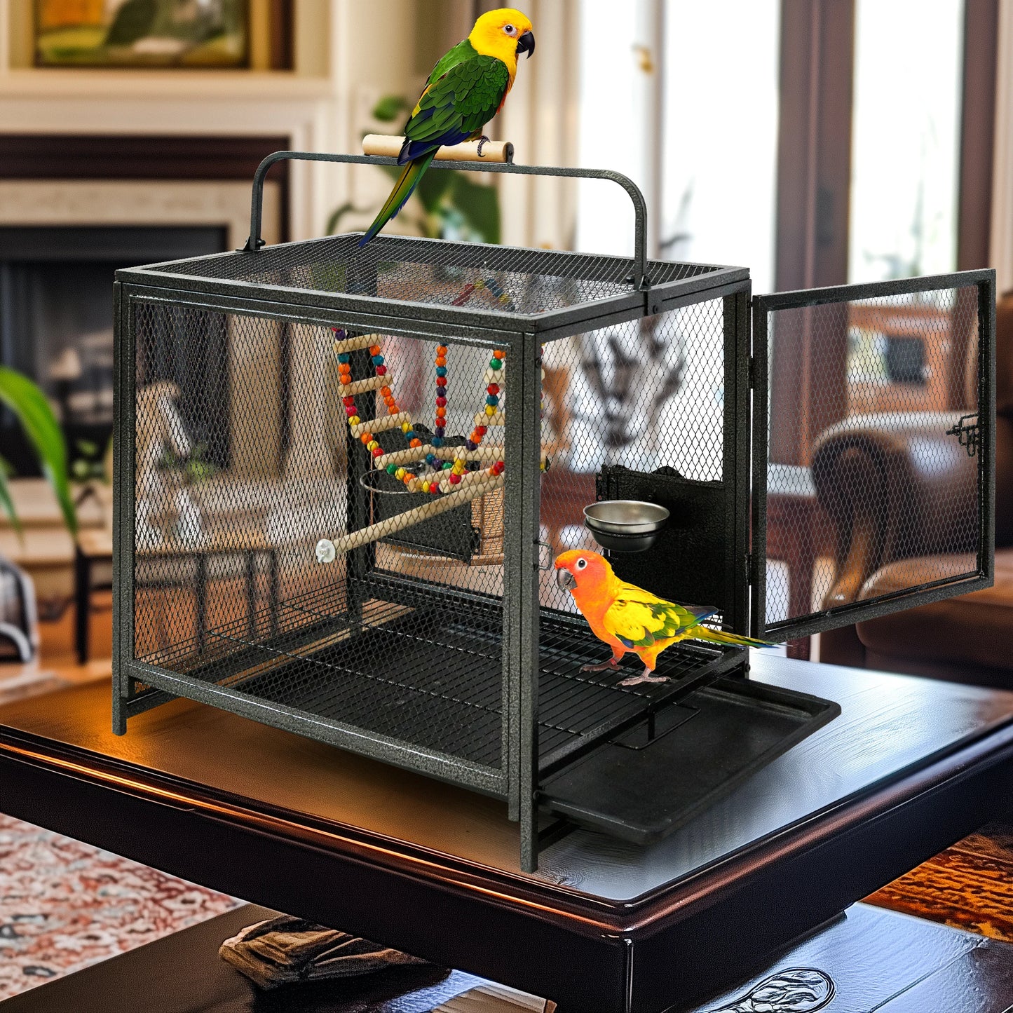Wrought Iron Travel Bird Cage Parrot Carrier With Handle Perch