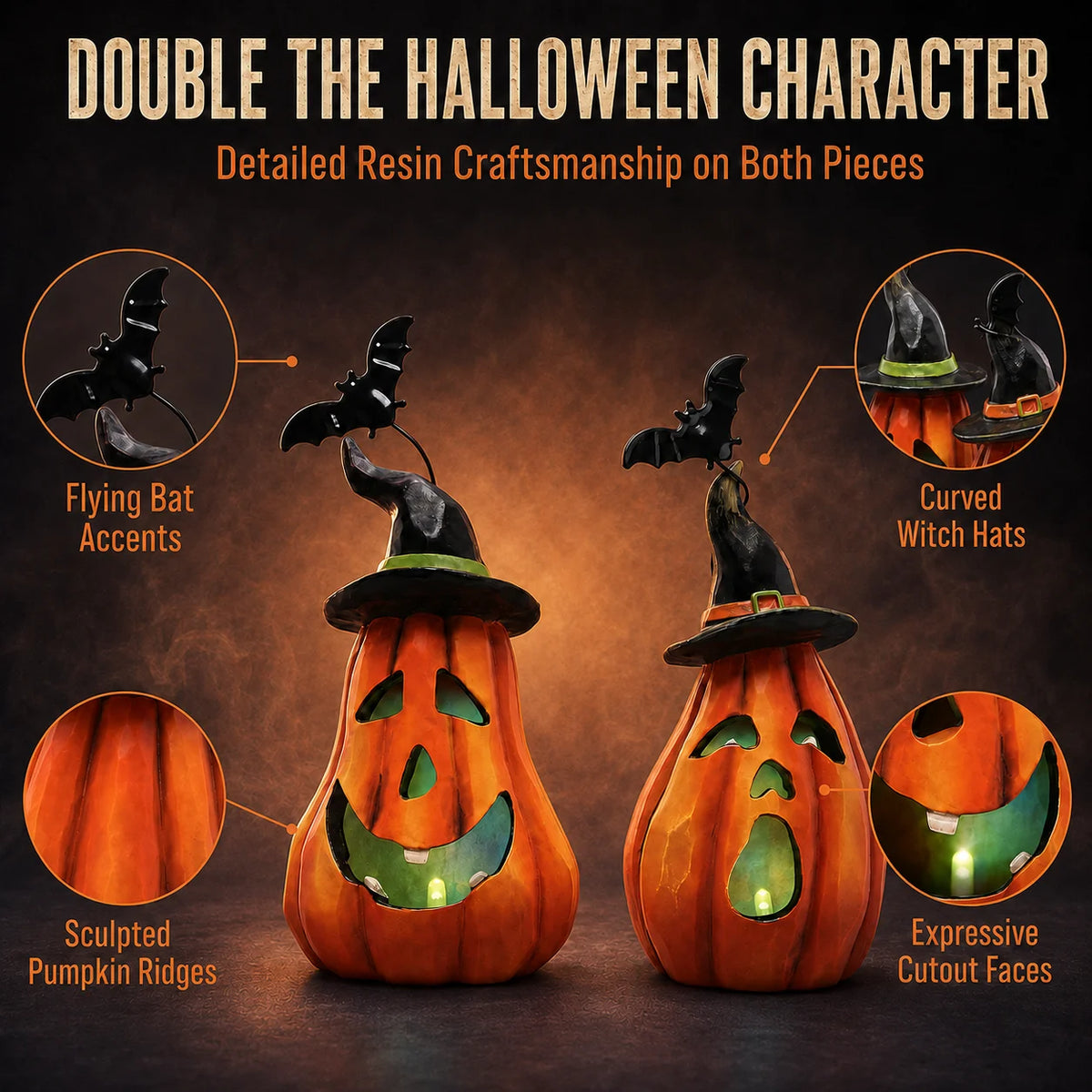 Hodao LED Halloween Pumpkin Figurine Set With Witch Hat