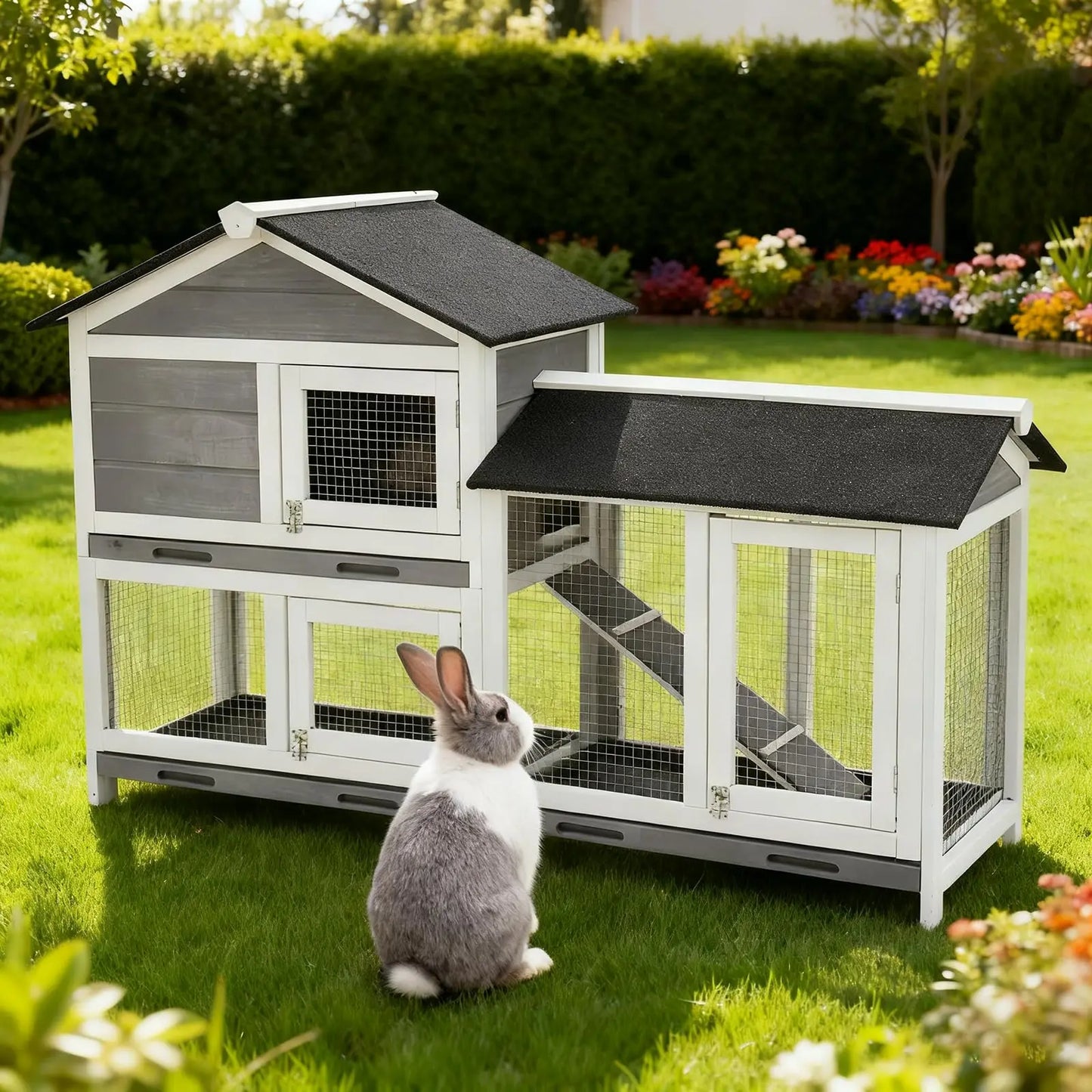 DishyKooker Two Tier Wooden Bunny Hutch With Removable Trays