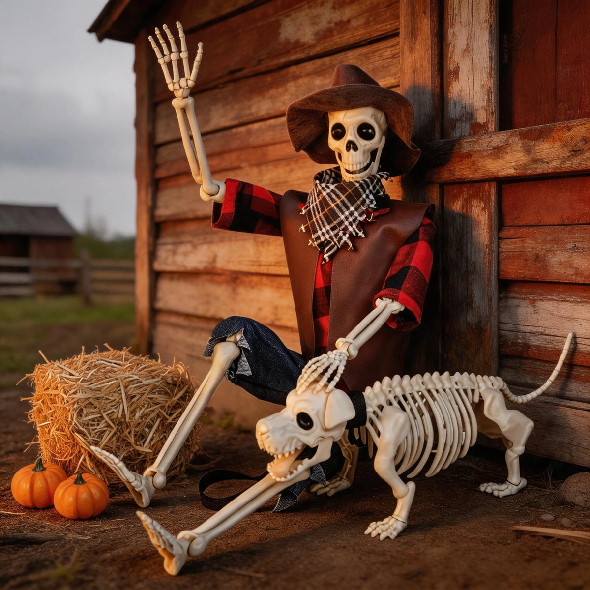 Posable Skeleton And Dog Halloween Cowboy Outdoor Decorations