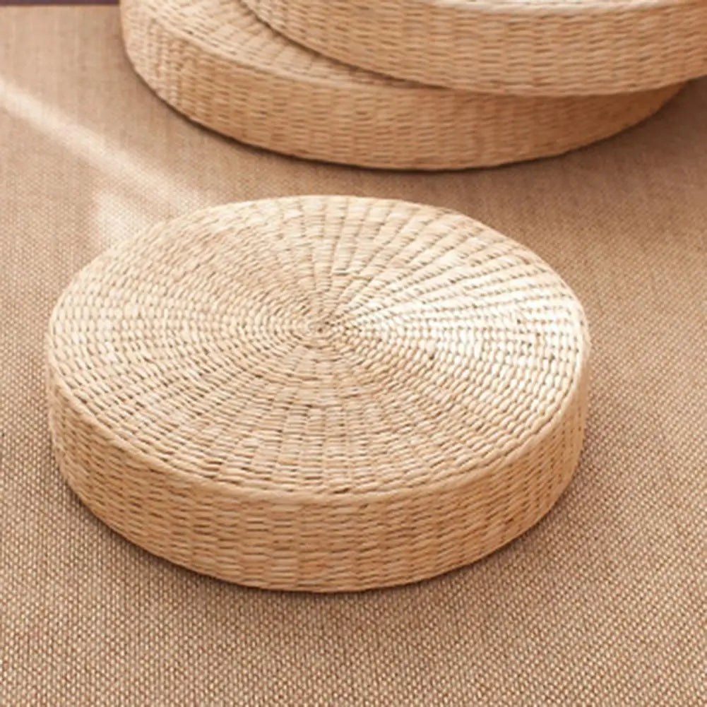 Non-Slip Bottom Round Tatami Cushion-Handmade Straw Weave Floor Pillow for Meditation Yoga Zen Room Kids Play Area Decor