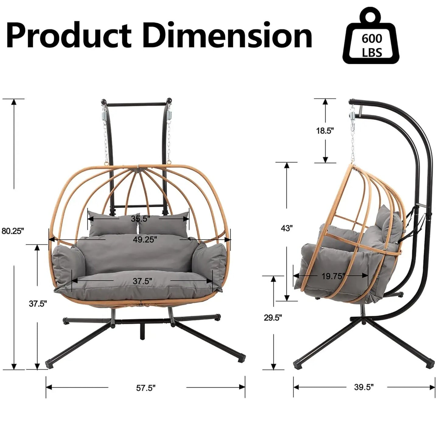 2-Person Outdoor Egg Swing Chair with Cushions Rattan Basket Stand Metal Nest Patio Garden, Customized