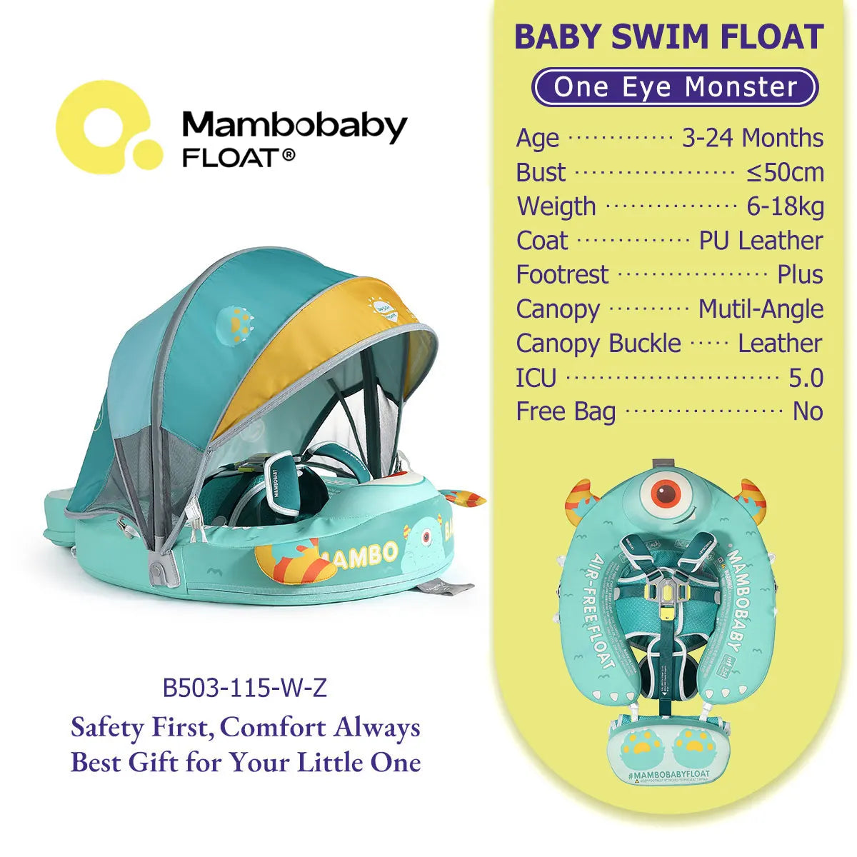 Mambobaby Float No-Slip Safe Harness ST-Cup Cake B503-150-W-Z  Safe Core No Inflation No Leaks Baby Swim Ring Toddler Pool Float