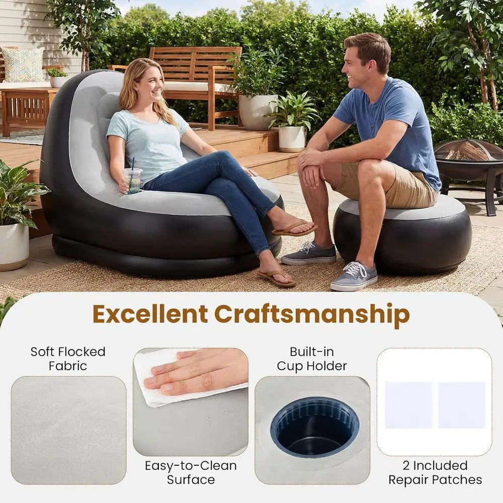 Portable Blow Up Single Air Sofa with Ottoman, Cup Holder, Repair Patches, Indoor Outdoor Inflatable Chair for Camping, Gaming