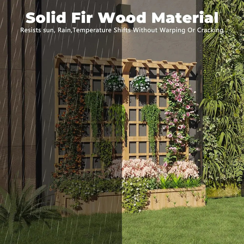 Elevated Outdoor Wooden Planter With Trellis For Flowers And Veggies