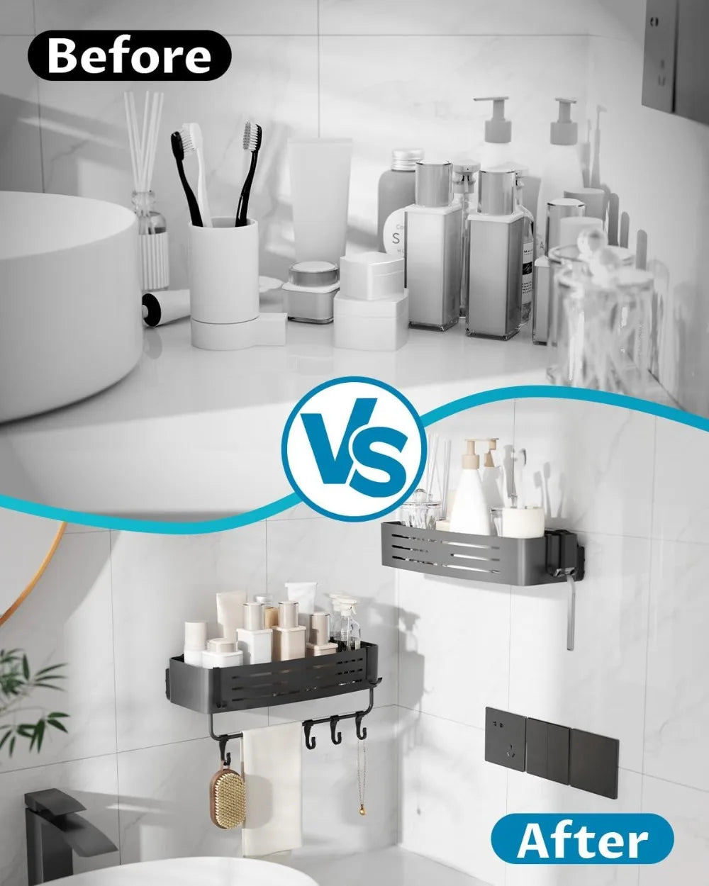 Two Pack Suction Cup Shower Caddy Set With Towel Bar
