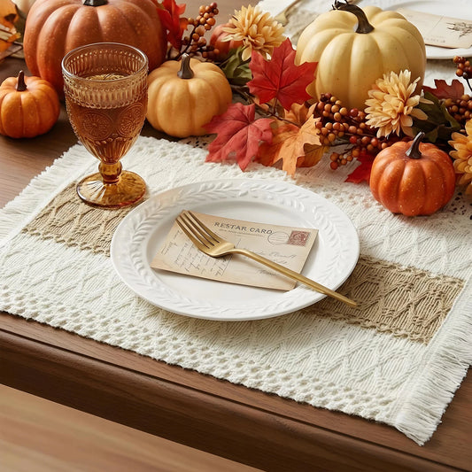 12 PCS Cotton Linen Placemats, Boho Beige Tassel Table Mats for Dining Table Farmhouse Decor