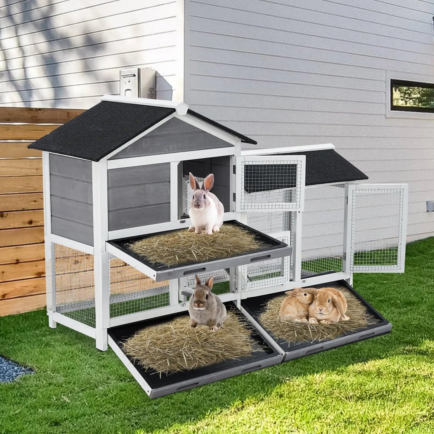 DishyKooker Two Tier Wooden Bunny Hutch With Removable Trays