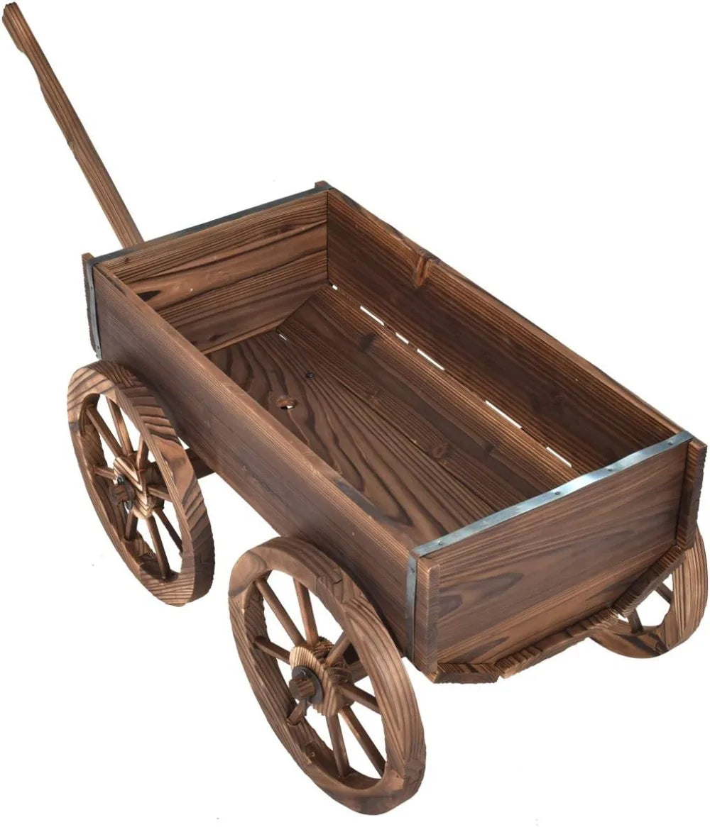 Wood Wagon Planter With Wheels Outdoor Flower Stand For Patio