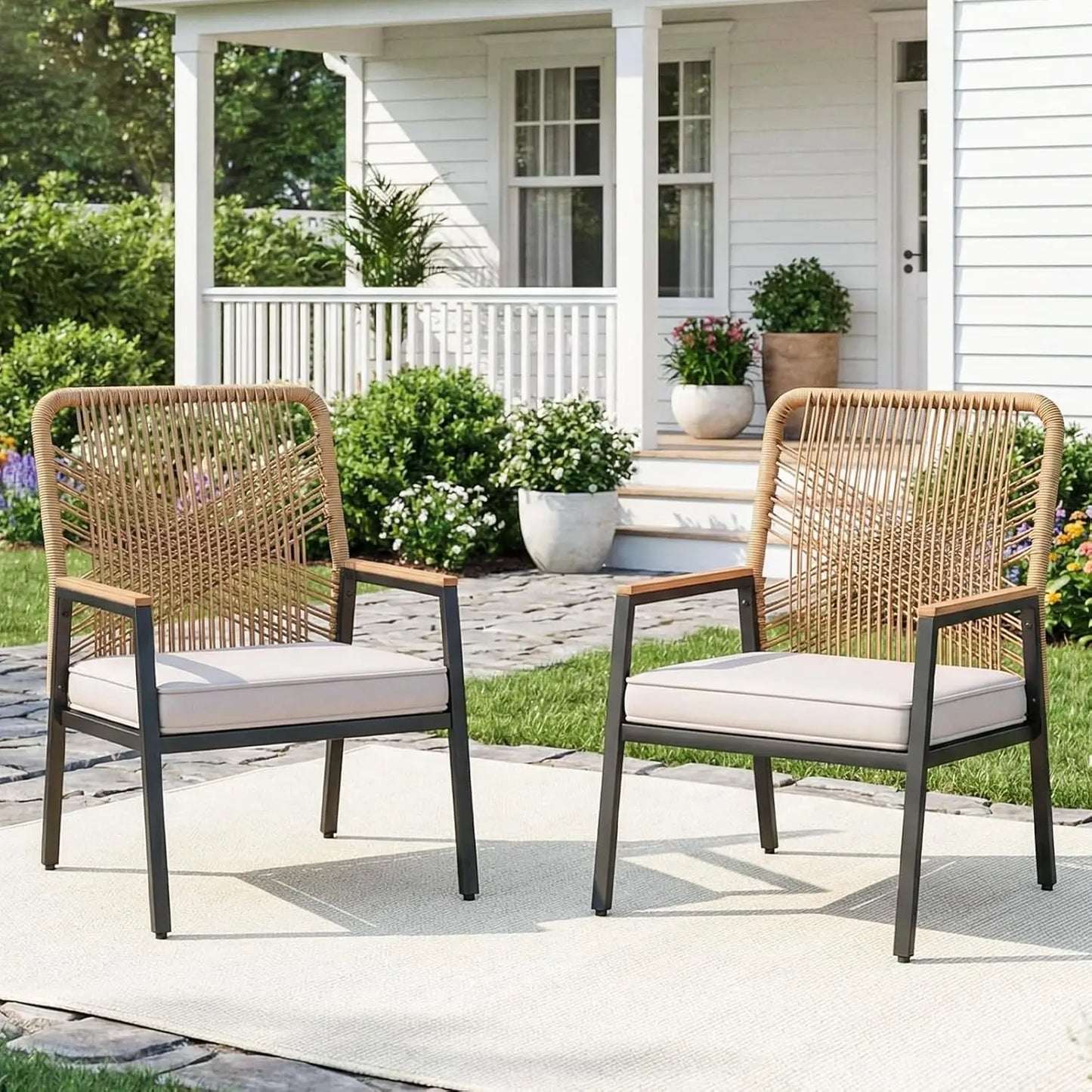 2PCS Garden Rattan Chairs,Patio Chairs,Removable 8 cm Seat Cushion,Up to 160 kg,WPC Armrest,for Balcony,Pool,Restaurant,Terrace