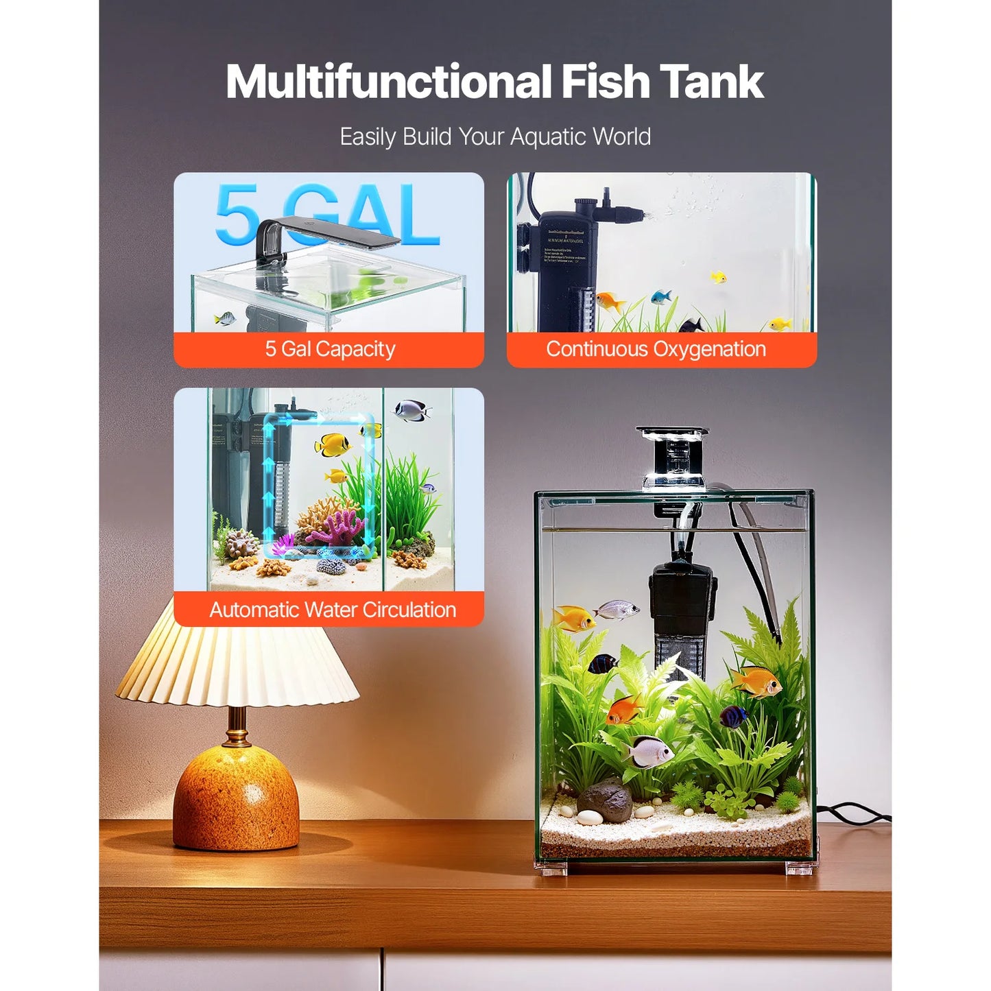 SucceBuy Square Ultra Clear Glass Aquarium Starter Tank Self Cleaning