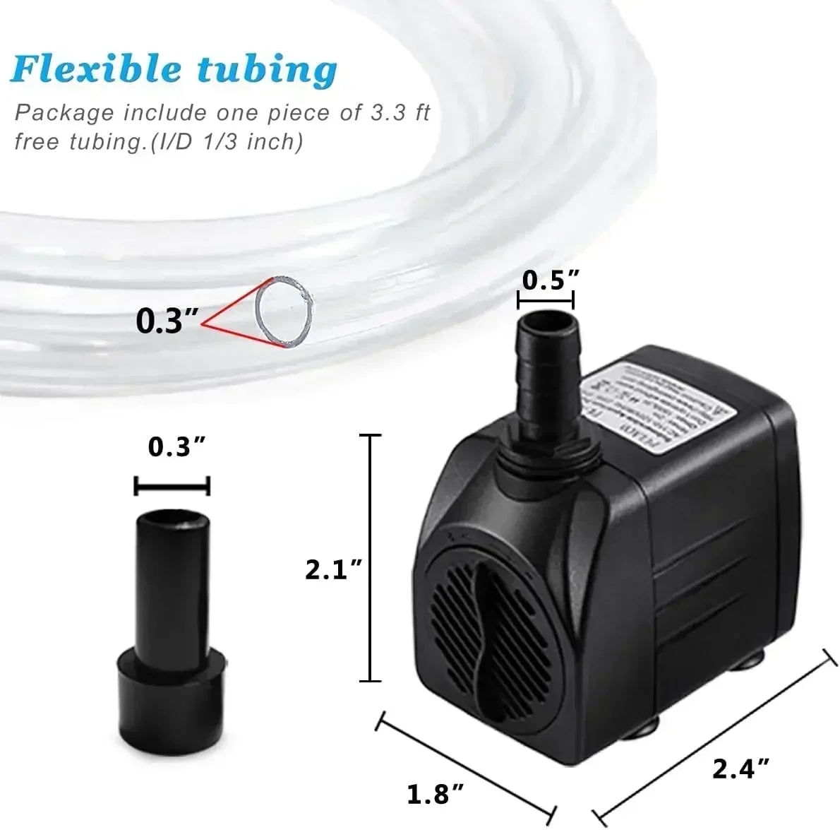 Small Submersible Pump (160GPH 10Watt), Ultra Quiet Fountain Pump (600L/H) with 3.3 ft Tubing for Aquariums, Pond Fountain, Wate