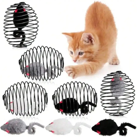 Cat Spring Toy Mice In Coiled Cage Interactive Ball Set
