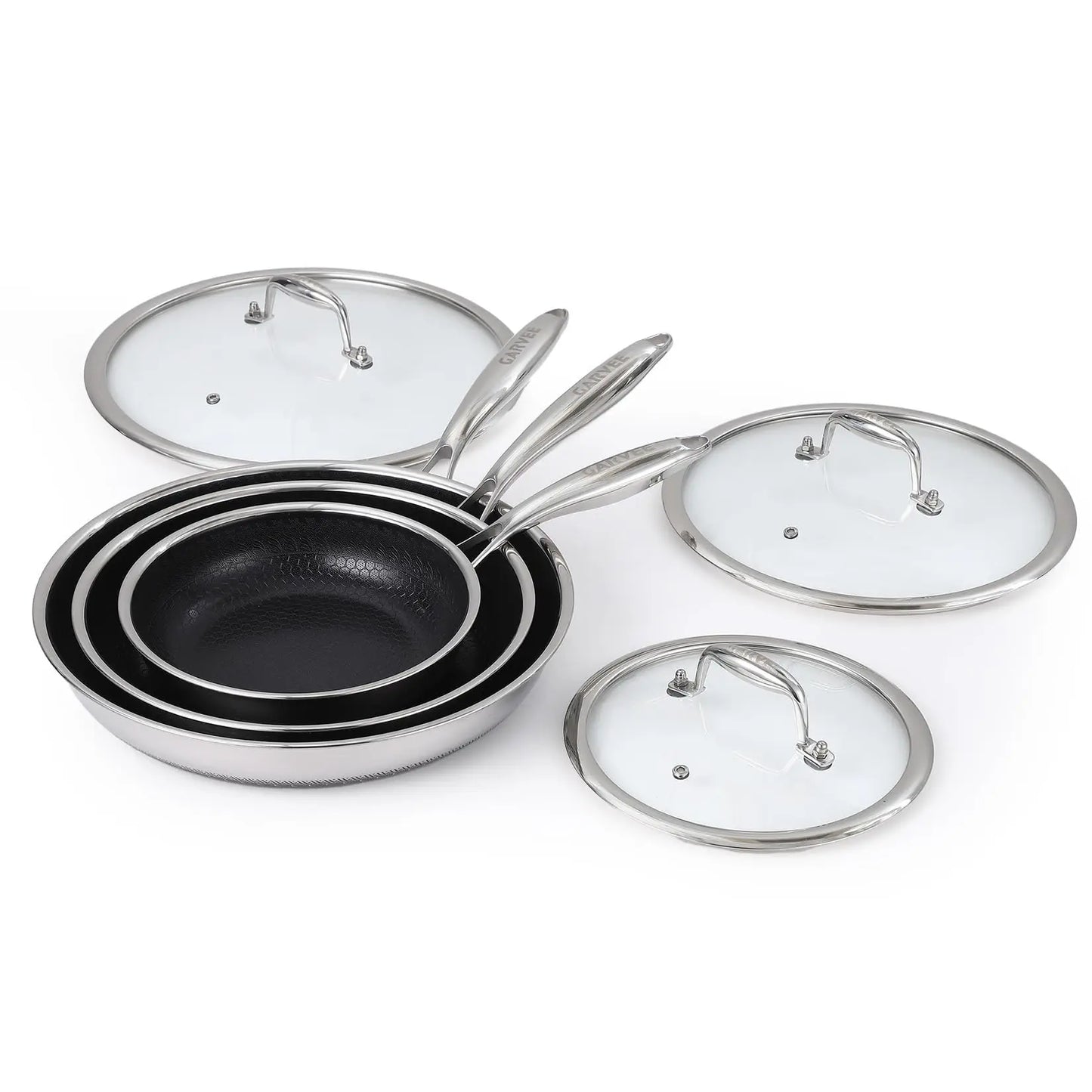 HiMiss Stainless Steel Nonstick Frying Pan Set Glass Lids