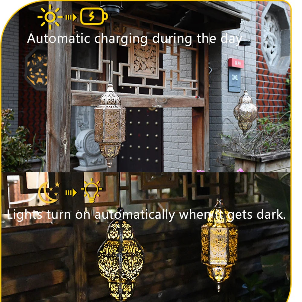 Outdoor Solar Lights Moroccan Decoration Lantern Waterproof Decor Light Iron Hollow Out Projector Lamp For Home Party Holiday