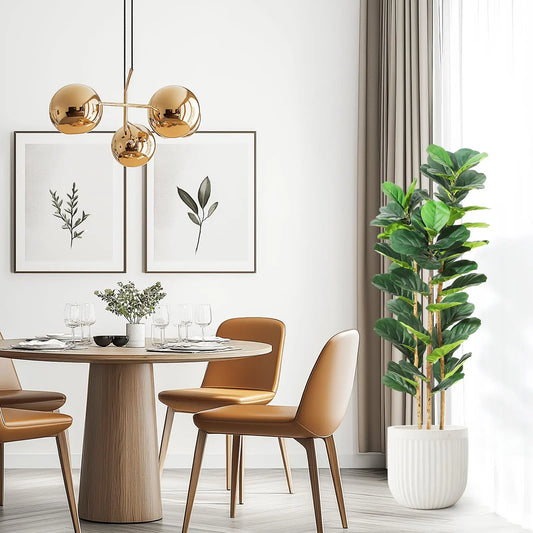 Artificial Fiddle Leaf Fig Tree with White Planter, 5/6/7 ft Tall Fake Plant with Natural Wood Trunk, Faux Ficus Tree Potted Moss for Home Office Living Room Decor