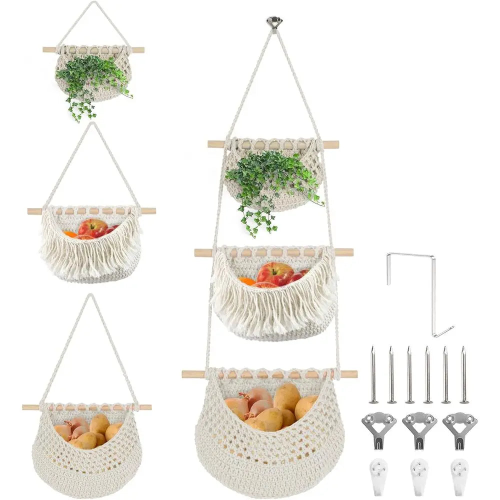 Hanging Baskets, 3 Tier Detachable Wall Hanging Fruit Basket Over the Door Organizer, Fruit Vegetable Plant, Boho Cotton Crochet
