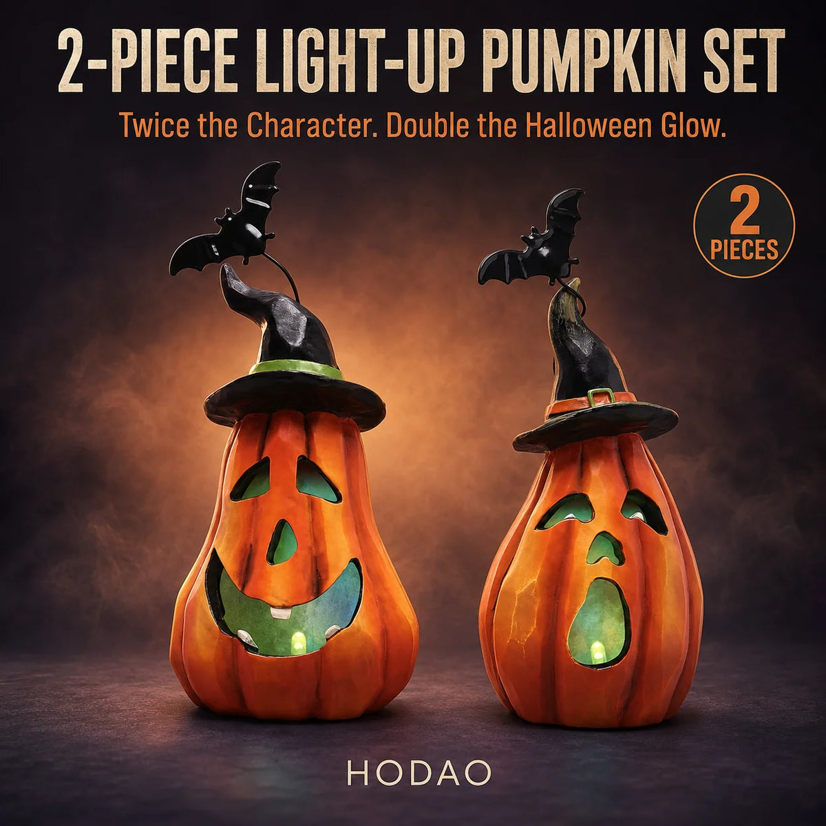 Hodao LED Halloween Pumpkin Figurine Set With Witch Hat