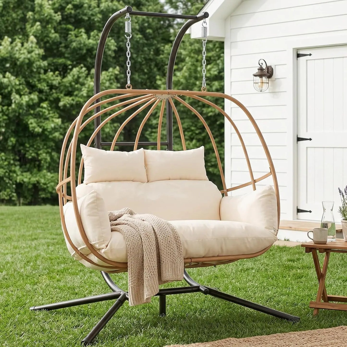 2-Person Outdoor Egg Swing Chair with Cushions Rattan Basket Stand Metal Nest Patio Garden, Customized