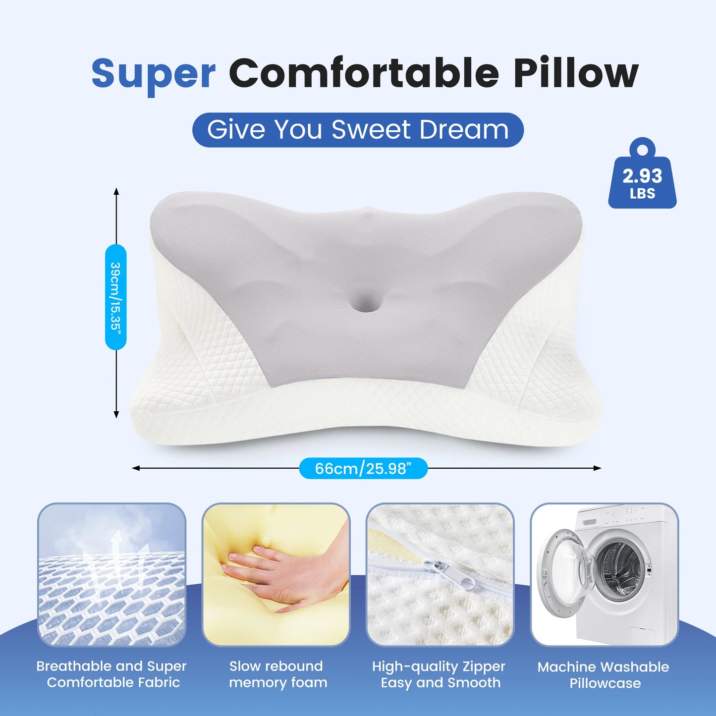 JHK King Size Ergonomic Memory Foam Bed Pillow with Cooling Pillowcase Cervical Contour Pillows For Back Stomach Sleepers