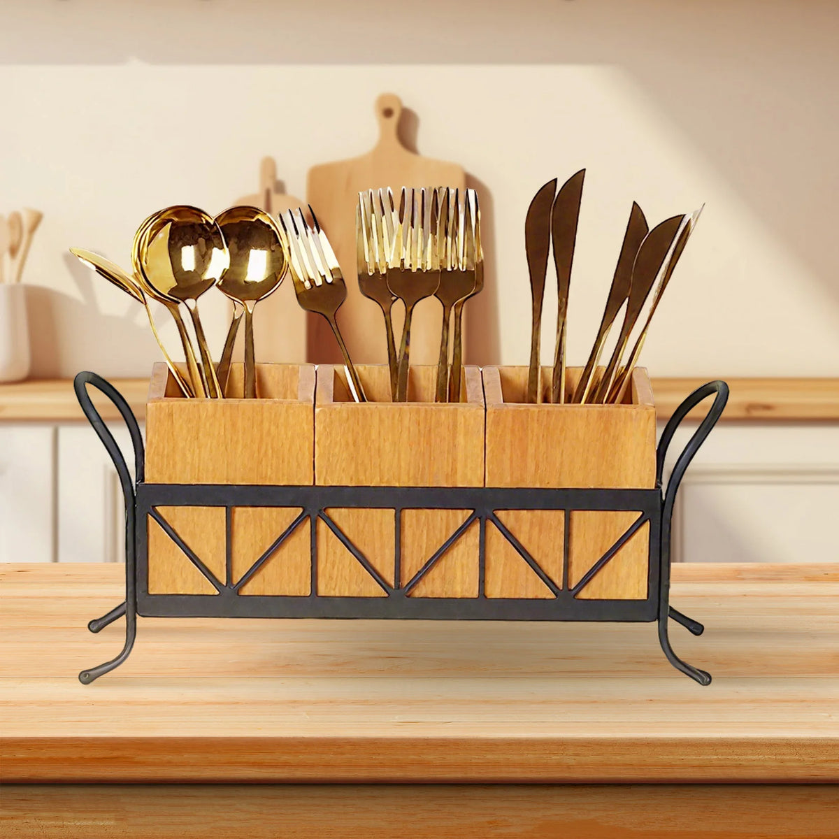 3 Compartment Bamboo Utensil Holder, Detachable Cutlery Organizer with Black Metal Rack for Kitchen Countertop