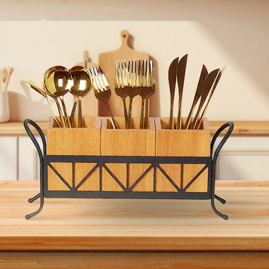 3 Compartment Bamboo Utensil Holder, Detachable Cutlery Organizer with Black Metal Rack for Kitchen Countertop