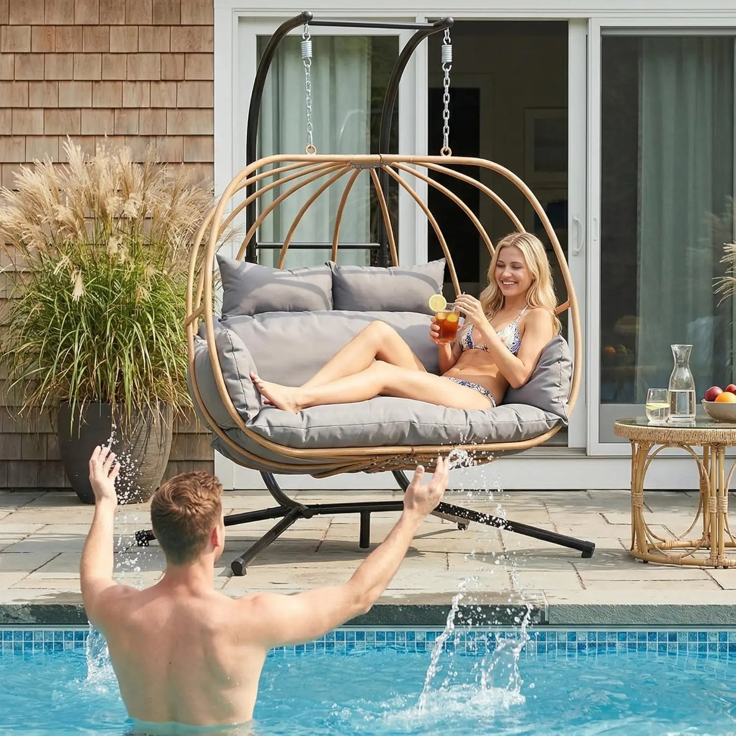 2-Person Outdoor Egg Swing Chair with Cushions Rattan Basket Stand Metal Nest Patio Garden, Customized