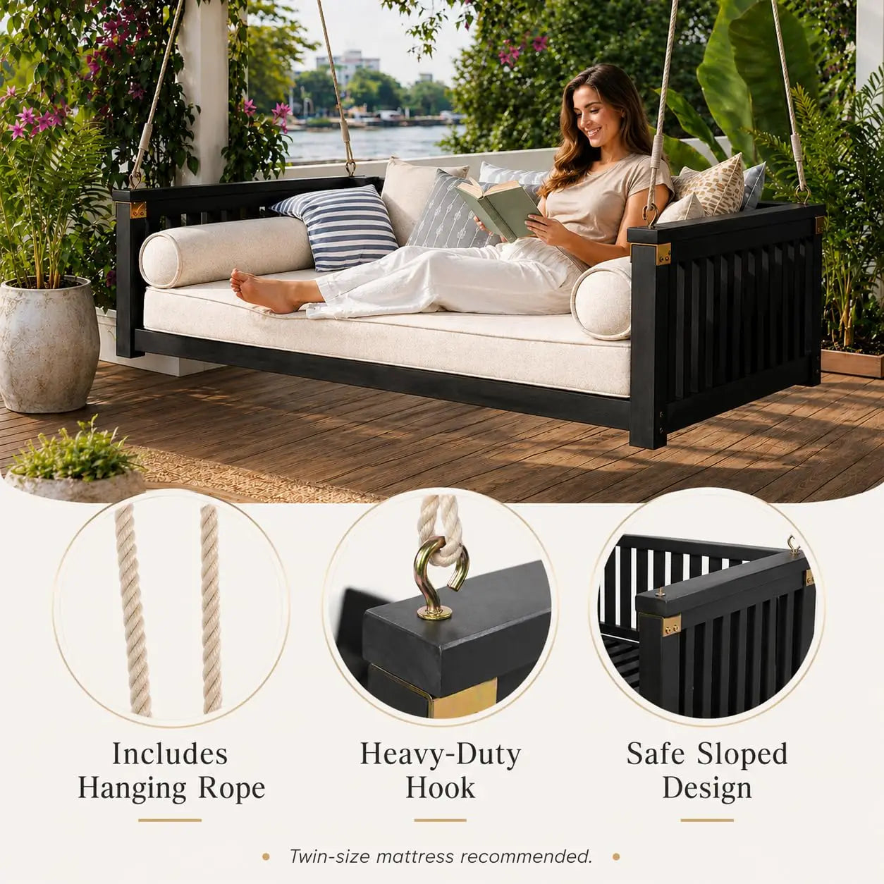 Acacia Wood Porch Swing Bed, Twin Size Outdoor Bed Swing with Ropes, Hanging Daybed for Patio, Garden & Front, Customized