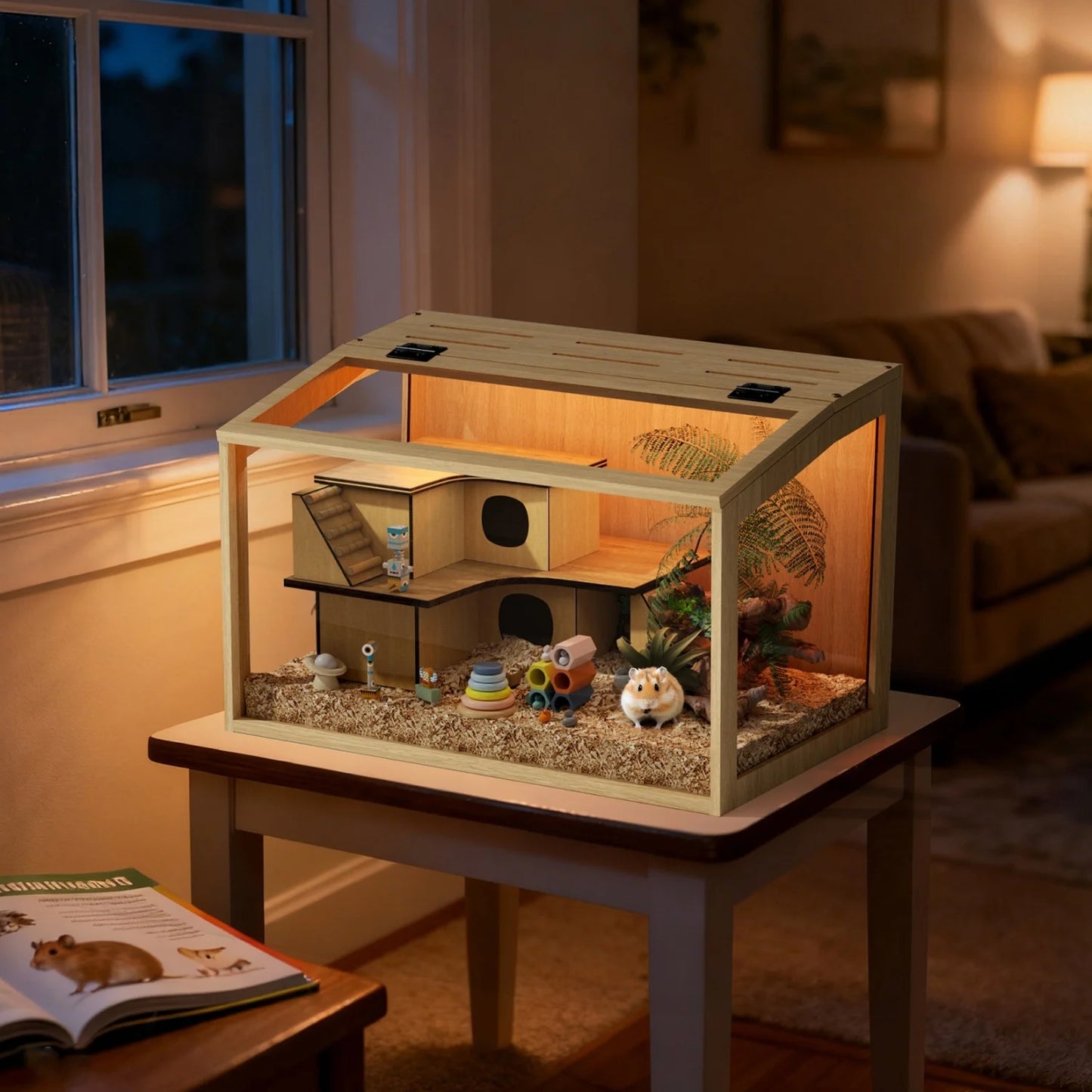 60/80/100/CM Hamster Cage Chewproof Wooden Guinea Pig Cages Habitat House Tempered Glass Panels Built-in LED Light for Small Pets