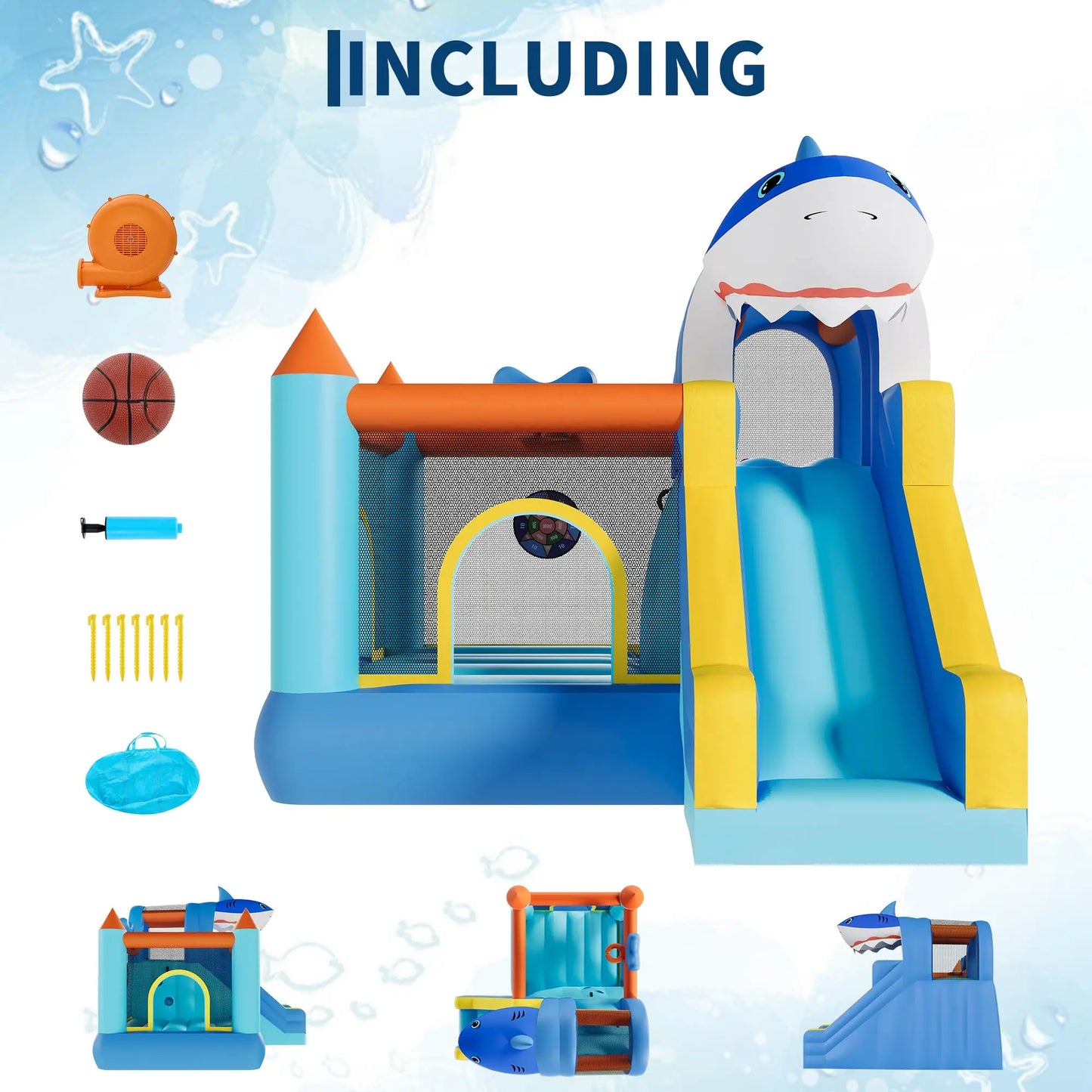 Inflatable Bounce House With Slide & Blower, Kids Bouncy Castle, Climbing Wall Basketball Hoop, Indoor Outdoor Backyard Play