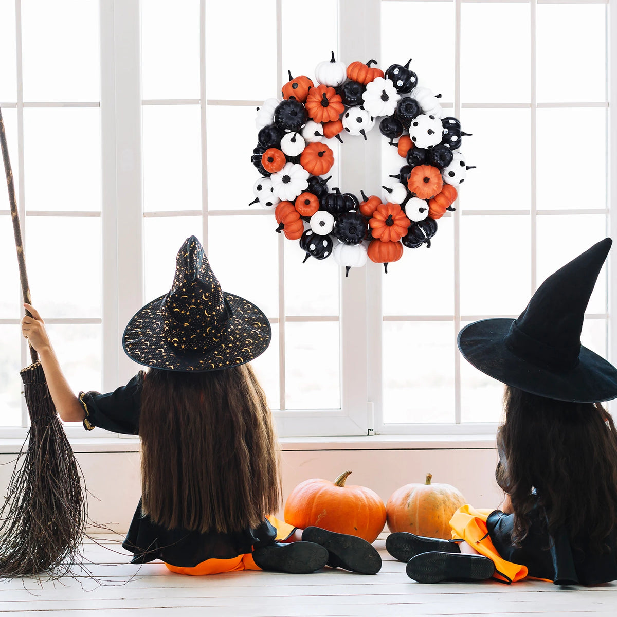 Halloween Pumpkin Wreath with Rattan Base for Fall Home Decor