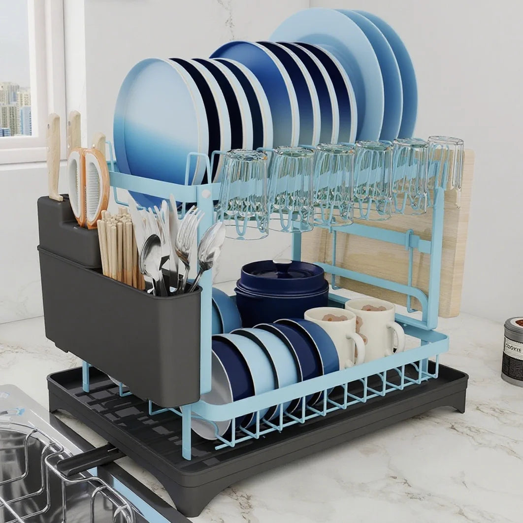 Rustproof 2-Tier Space-Saving Dish Rack With Drainboard Utensil Cup Holder