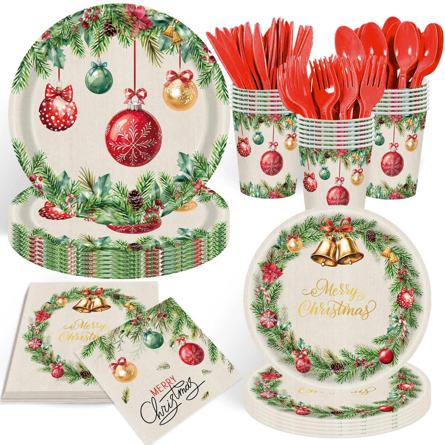 `Christmas Party Supplies Set, 350 Pcs Disposable Dinnerware Set with Plates Cups Napkins Cutlery for 50 Guests`