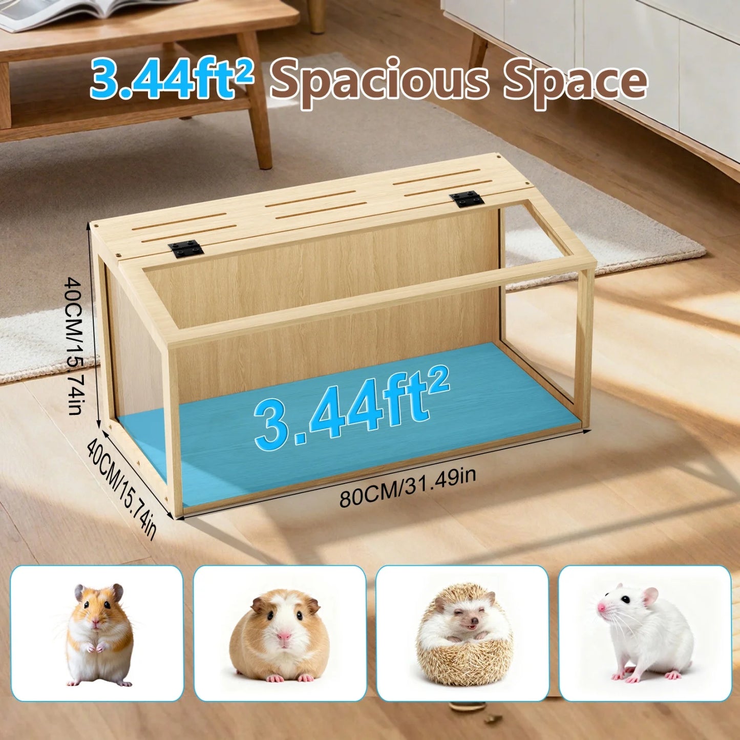 60/80/100/CM Hamster Cage Chewproof Wooden Guinea Pig Cages Habitat House Tempered Glass Panels Built-in LED Light for Small Pets