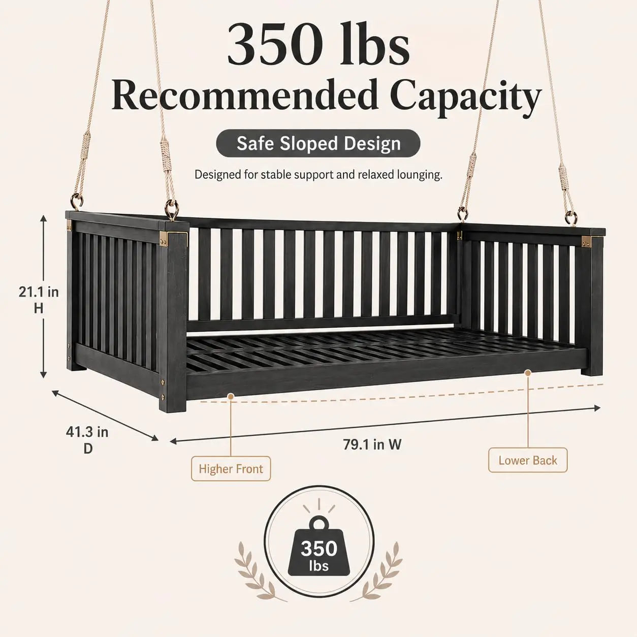 Acacia Wood Porch Swing Bed, Twin Size Outdoor Bed Swing with Ropes, Hanging Daybed for Patio, Garden & Front, Customized