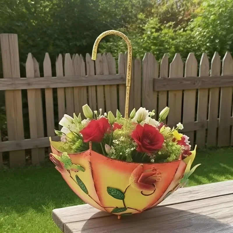 Farmhouse Umbrella-Shaped Wall-Mounted Metal Flower Basket Large Hanging Planter with Drainage Holes for Indoor/Outdoor Herbs Or Flowers Iron Art Decorative Plant Stand
