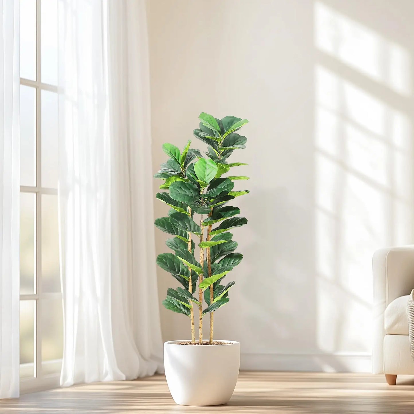 Artificial Fiddle Leaf Fig Tree with White Planter, 5/6/7 ft Tall Fake Plant with Natural Wood Trunk, Faux Ficus Tree Potted Moss for Home Office Living Room Decor