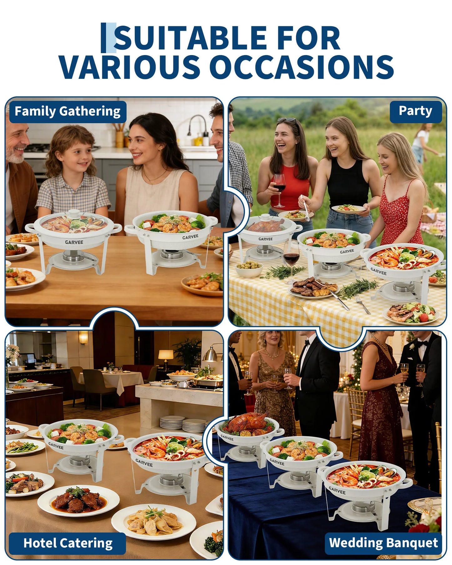 5.3QT Round Chafing Dish Set Natural Maifanite Non‑Stick Coating, Keep Warm & Cold, Stackable Foldable Frame, Anti‑Scald Handle Glass Lid for Buffet Wedding Party Catering Supplies